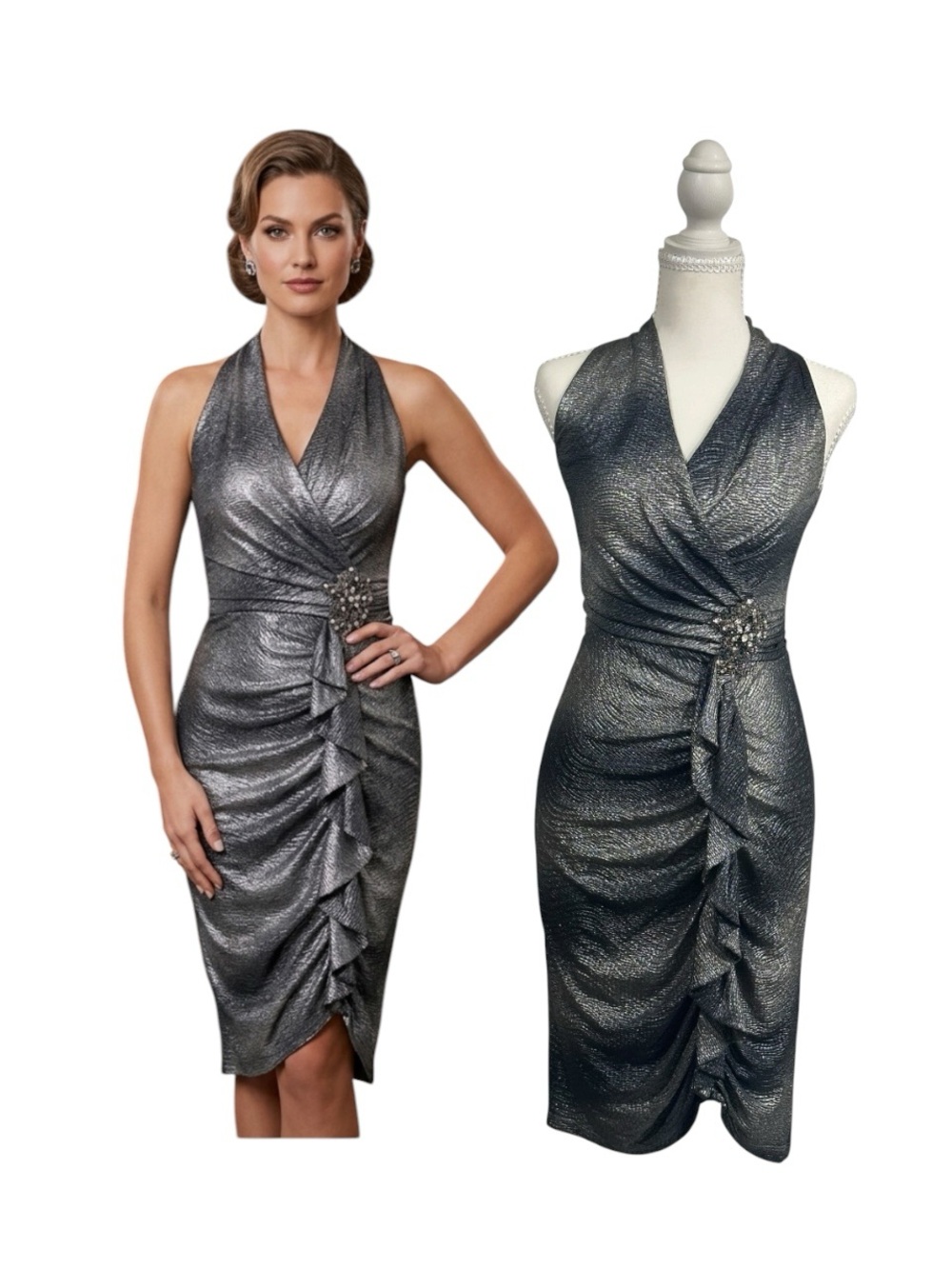 David Meister Metallic Silver Black Cocktail Dress Brooch Ruffle Sheath Size 2